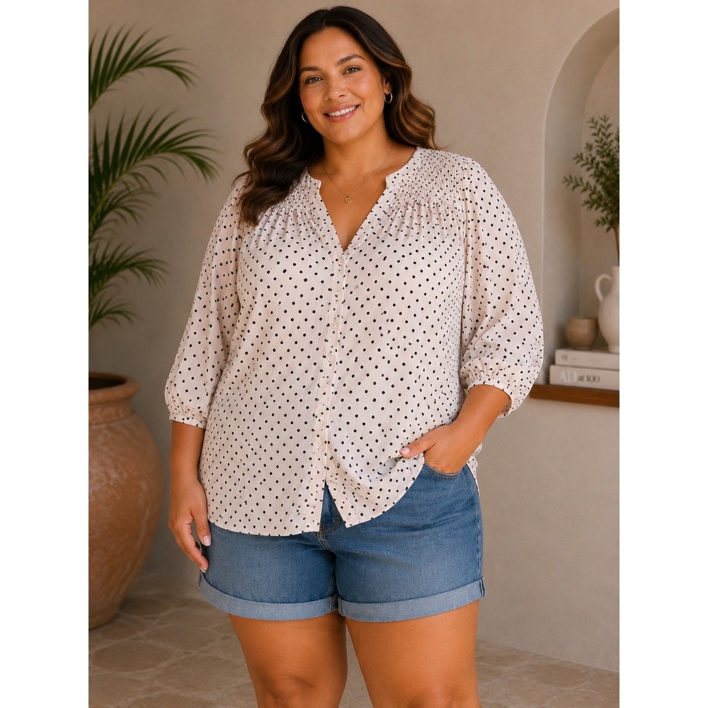 Rose‎ + Olive  Polka Dot Smocked V-Neck Blouse Plus Size 1X 3/4 Sleeve Top